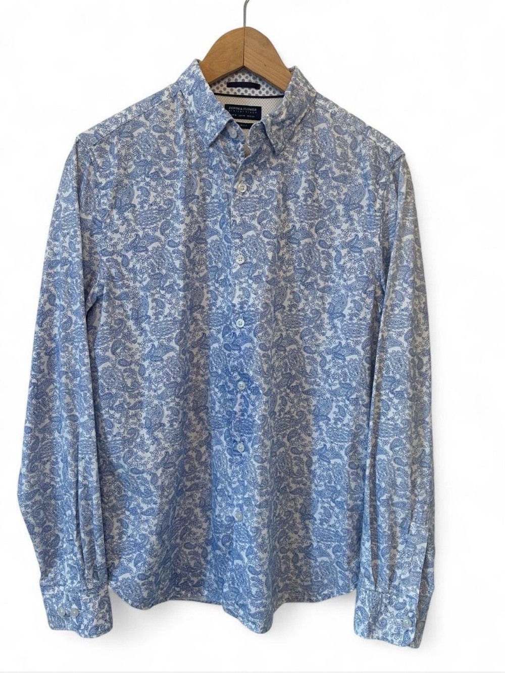 Denim & Flower Men's Paisley LS Button
Down Shirt M Slim Fit Blue & White